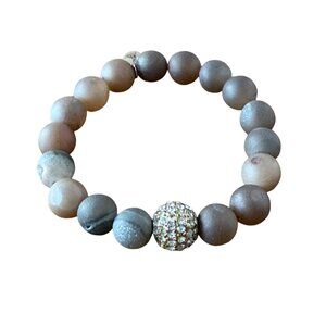 Natural Stone Beaded Bracelet W/ Gold Diamante Accent & Engraved Charm